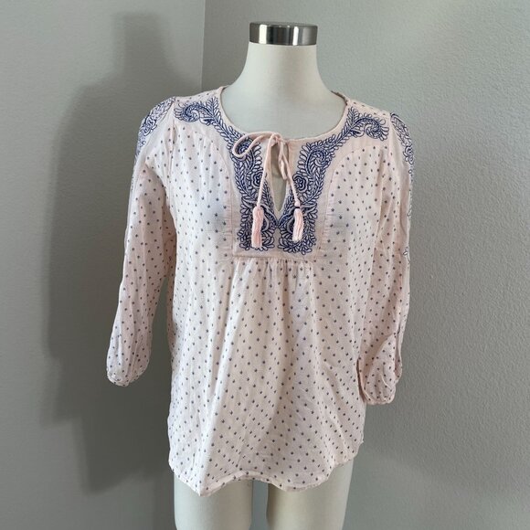Lucky Brand Womens Medium Embroidered Peasant Blouse Tassel Tie Neck Shirt Top - Picture 1 of 10